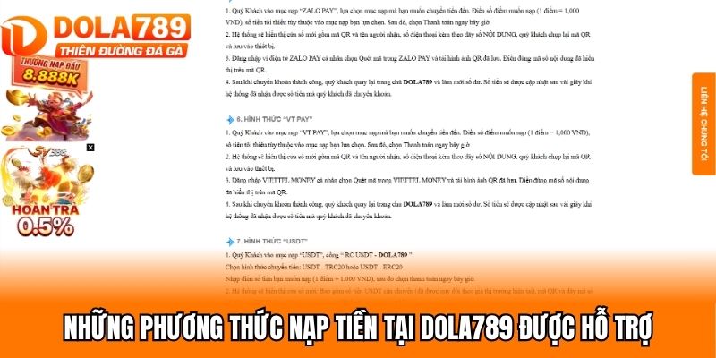 Những phương thức nạp tiền tại Dola789 được hỗ trợ