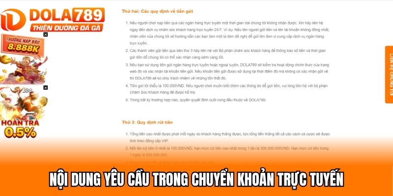Nội dung yêu cầu trong chuyển khoản trực tuyến